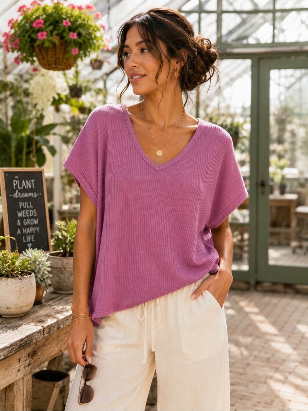Zenana Oversized Ribbed V-Neck Relaxed Top – Bright Mauve